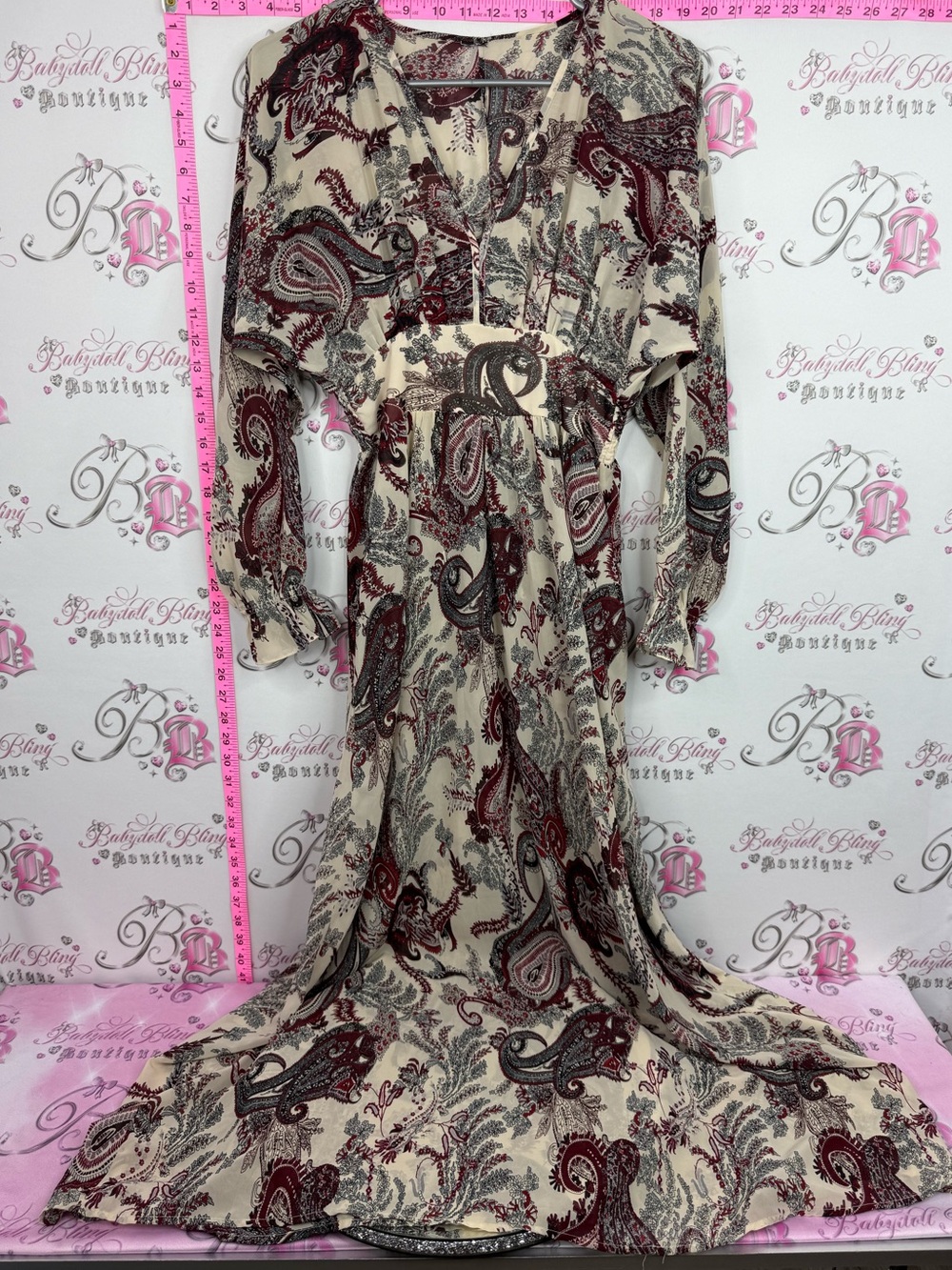 Vero moda 2019 dress Bohemian Paisley Long Sleeve Maxi Dress - Cream & Burgundy